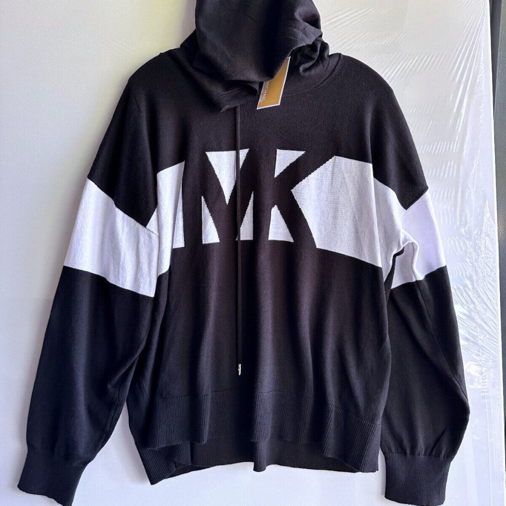 NWT MICHAEL KORS WOMEN'S SWEATER THIN KNIT HOODIE LOGO FRONT OVERSIZED